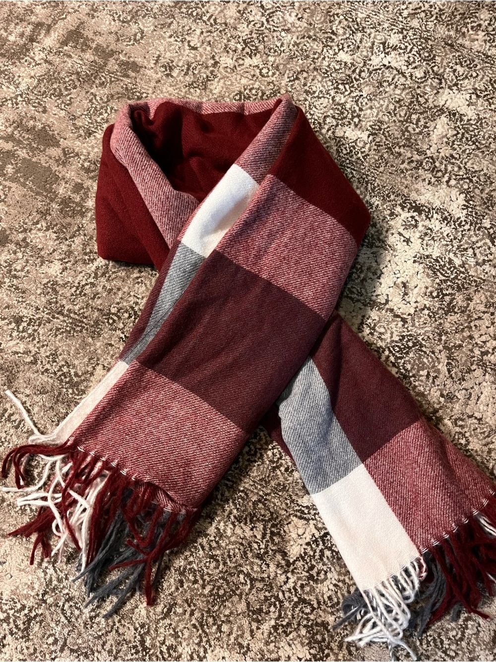 Burgundy Plaid Fringe Scarf / shawl